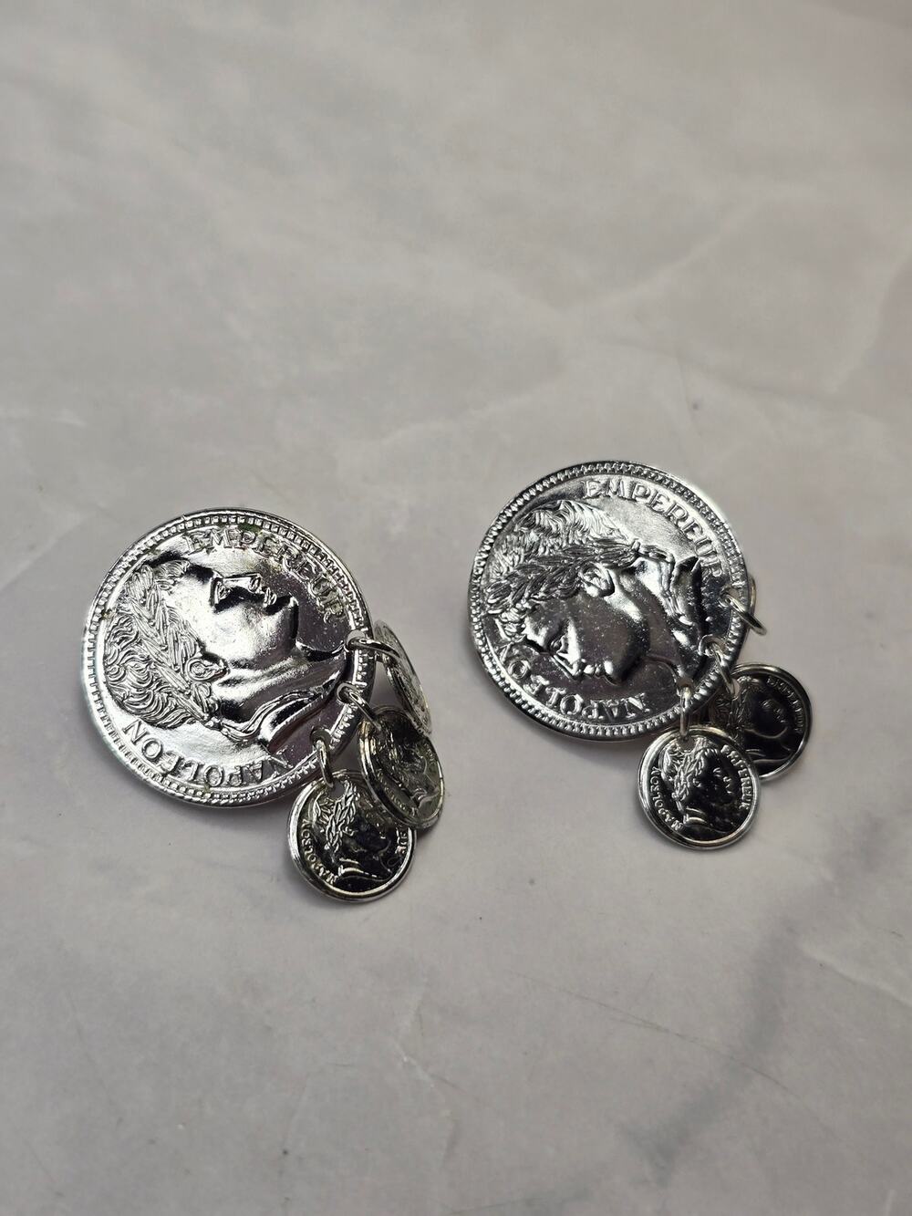 Silver Tone Emperor Napoleon Coin Dangle Clip Earrings